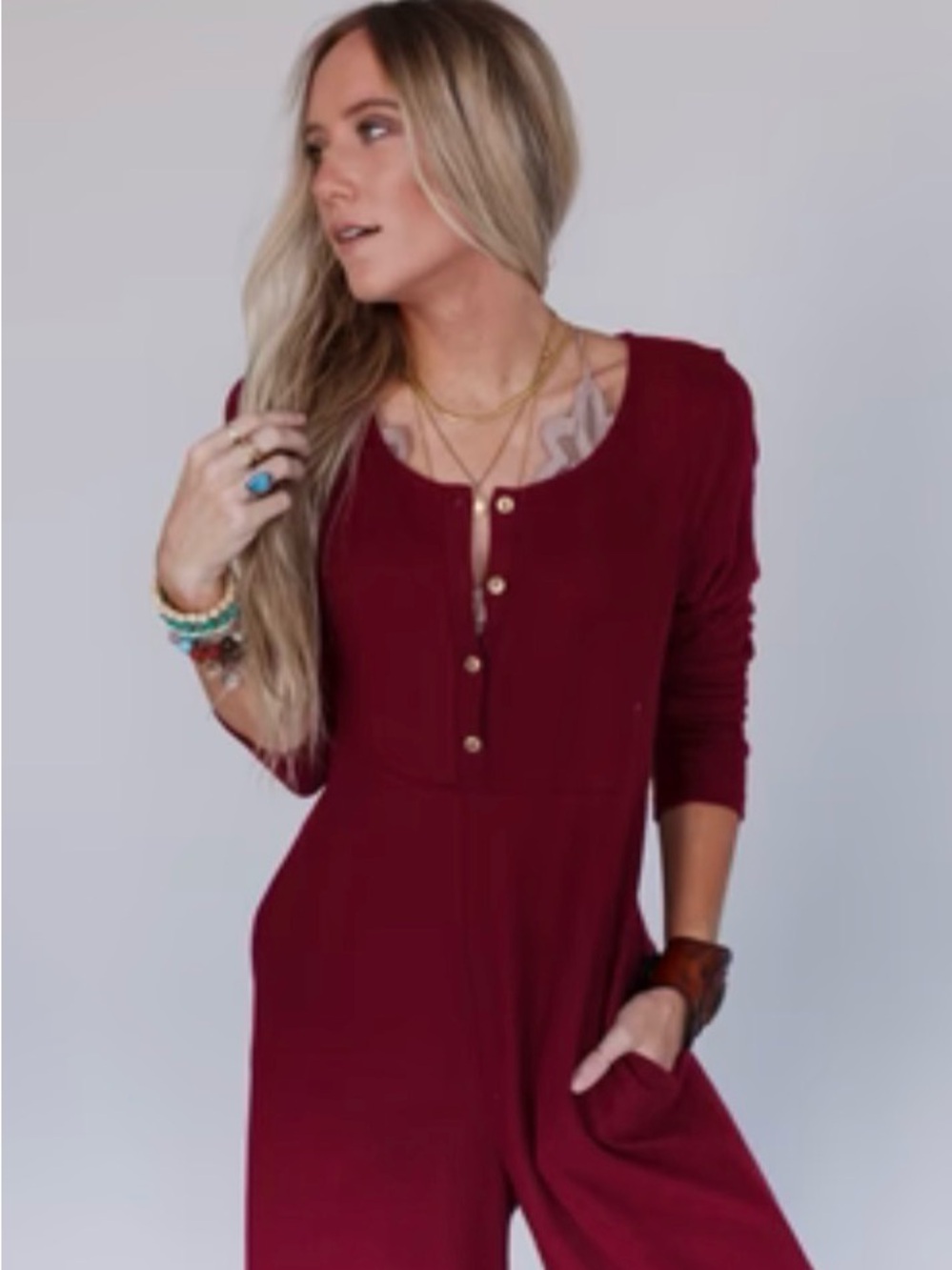 Women's Long Sleeve Henley Jumpsuit in Burgundy *burgundy only.
